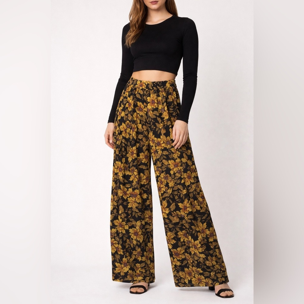 Freepeople Floral Wide-Leg Pants in Black and Yellow size 0